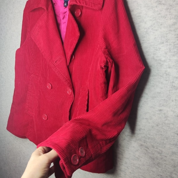 Women’s Vibrant Red Corduroy Double Breasted Jacket Sz L Insulated Lining Coat - Picture 10 of 16